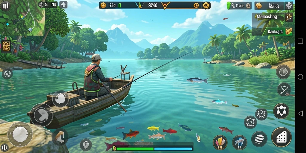 Tampilan gameplay 8II dengan berbagai lokasi memancing yang indah.