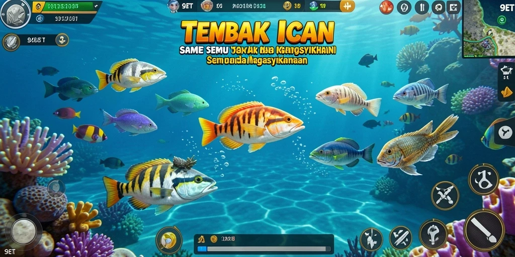 Screenshot gameplay seru dari 9ET saat menembak ikan.
