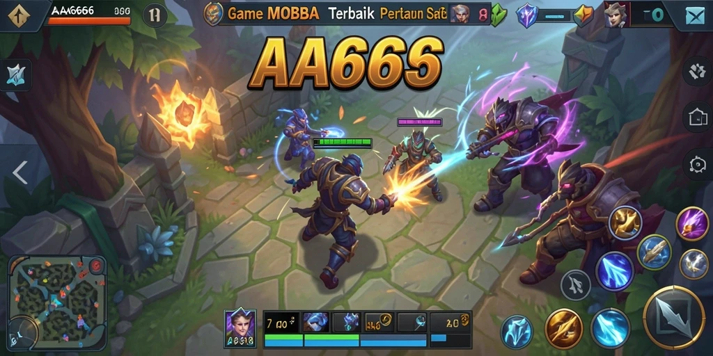 Tampilan gameplay seru di arena pertempuran <strong>AA666</strong> dengan karakter heroik.