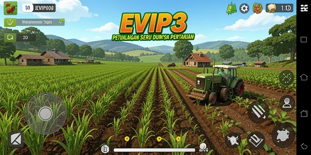 Tampilan gameplay <strong>EVIP3</strong> yang menampilkan aktifitas bertani dan merawat hewan.