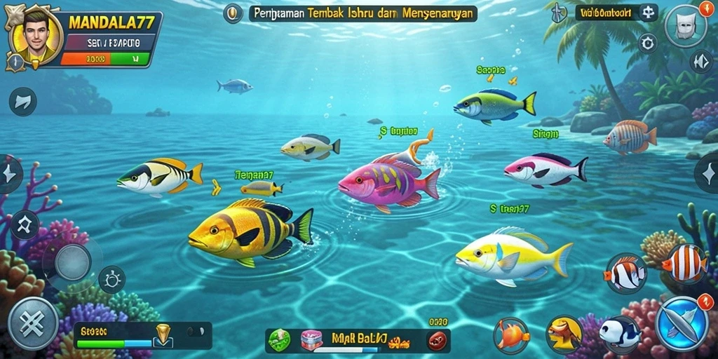 Tampilan permainan MANDALA77 saat menembak ikan yang berwarna-warni.