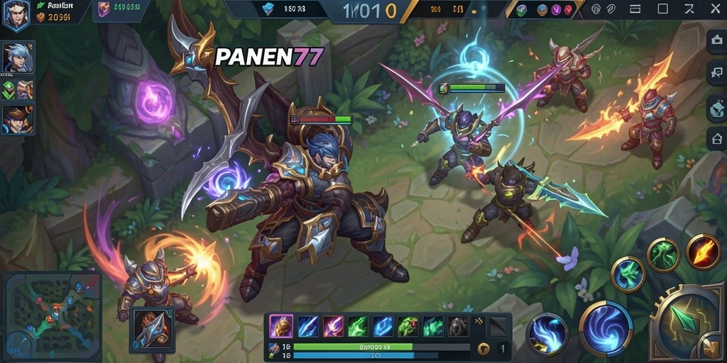 Screenshot gameplay PANEN77 menunjukkan aksi pertarungan tim yang dramatis.