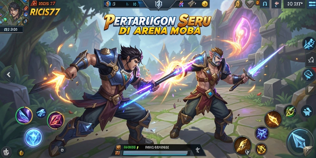 Tampilan seru gameplay RICIS77 di arena MOBA yang kompetitif.