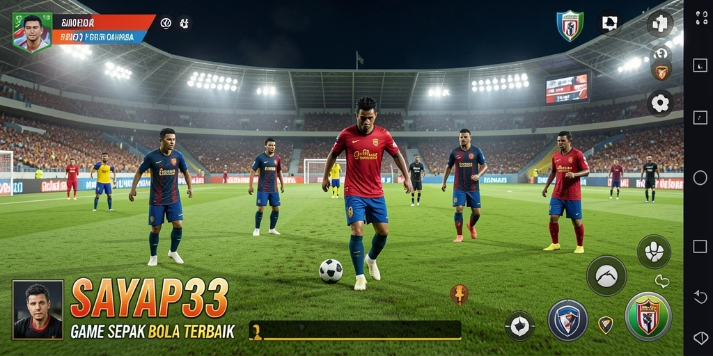 Tangkapan layar gameplay SAYAP33 menunjukkan aksi sepak bola yang mendebarkan.