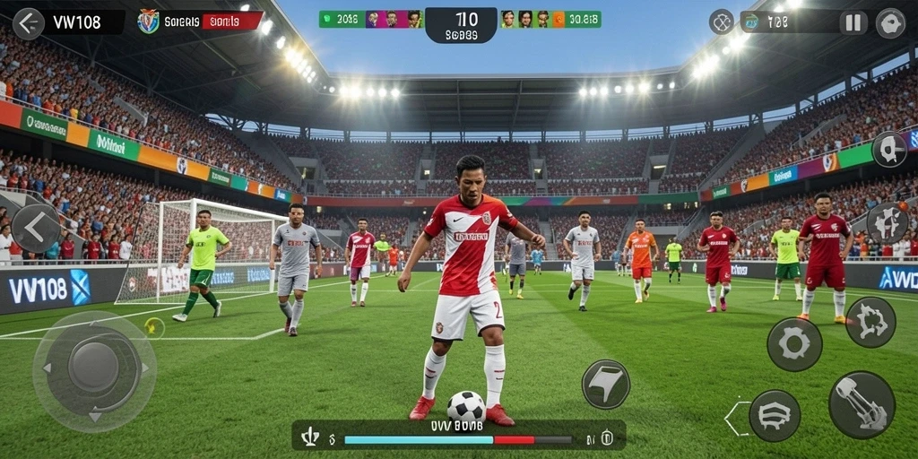 Screenshot gameplay VW108 menampilkan aksi sepak bola yang mendebarkan.